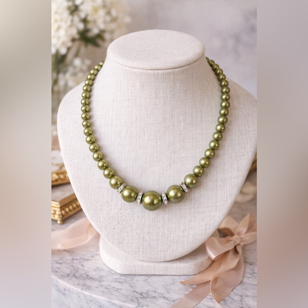 Olive Green Pearl Necklace Rhinestone Spacer Statement Classic Elegant Jewelry